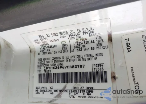 1997 Ford F-250 Xl из США, поврежденный, VIN 1FTHX26F6VEB82707